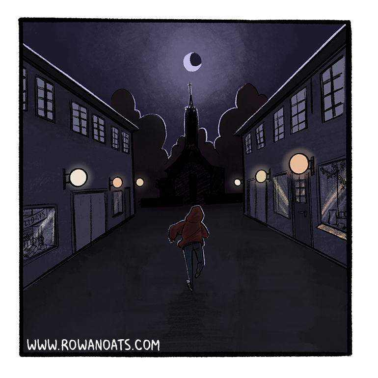 Panel fifteen. They head down the main street. It's empty and dark. A silhouette of a church can be seen at the end of the road.